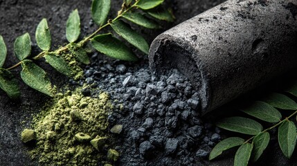 Dark powder, green powder, and leafy greens on dark surface