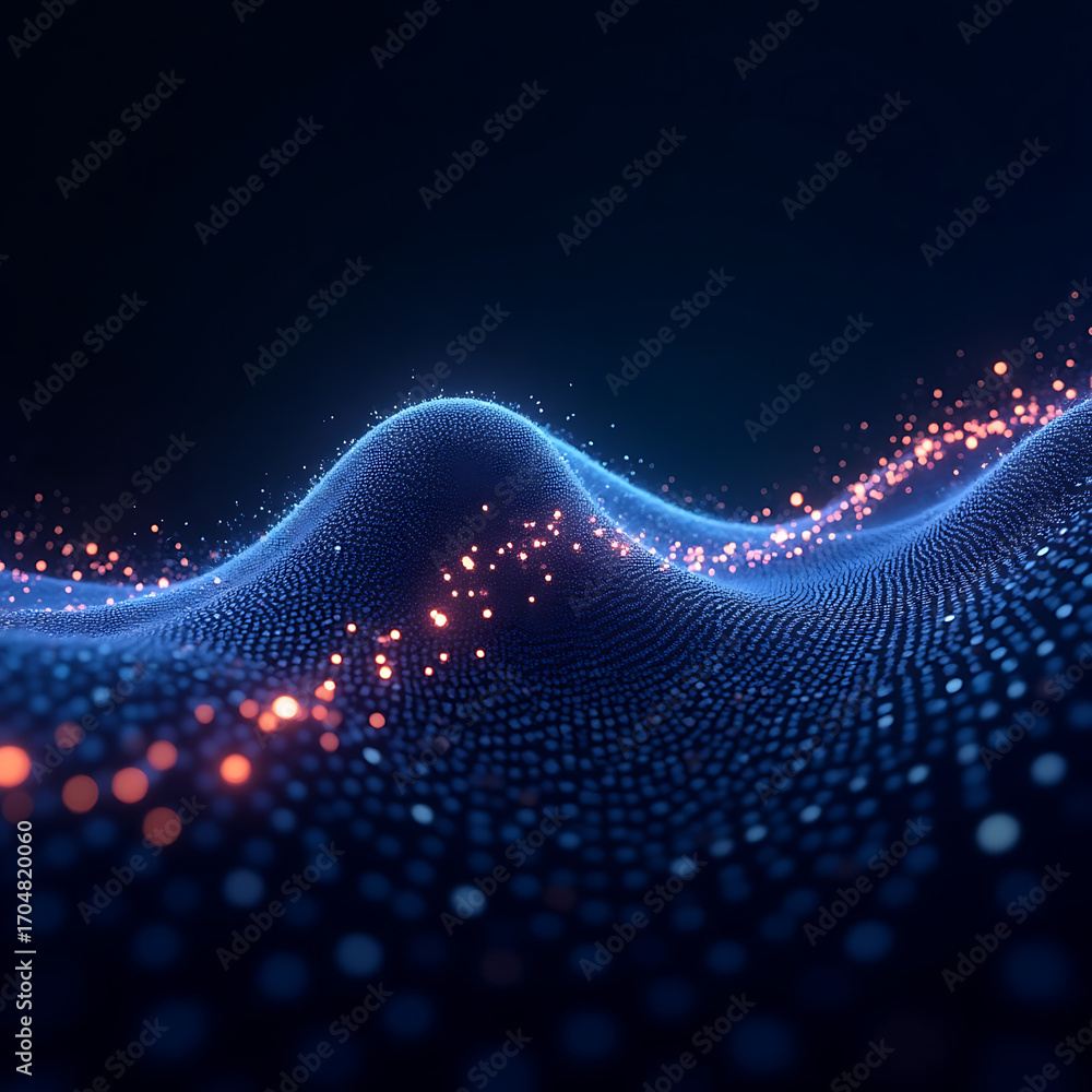 Poster dynamic digital wave of data points with glowing particles, perfect for tech concepts