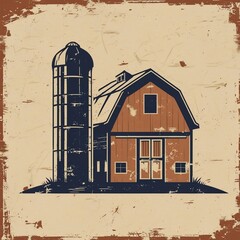 Nostalgic distressed artwork of a traditional farm barn and tall silo design