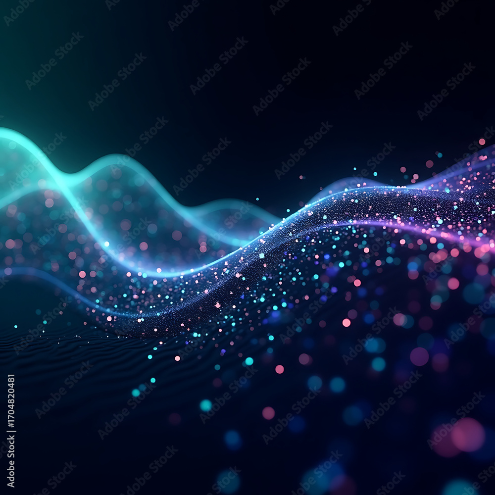 Poster dynamic digital wave of data particles, abstract futuristic design, modern background for technology