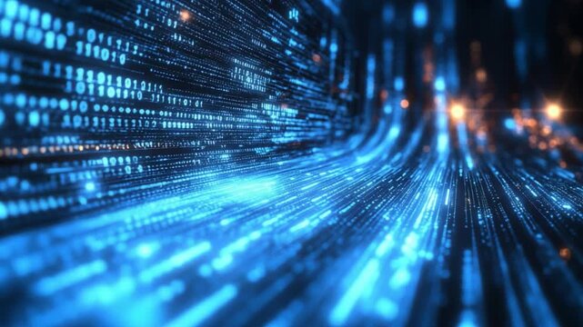 Digital Stream: Abstract depiction of flowing digital data, visualized as glowing blue lines and binary code, representing the flow of information in the digital age. 