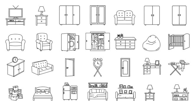 Home furniture line art icons simple furniture illustrations in outline style for interior design projects and moving company visuals.