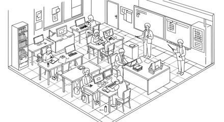 computer lab with students and teacher instructing in a classroom setting for education illustrations and learning concepts school project uses.