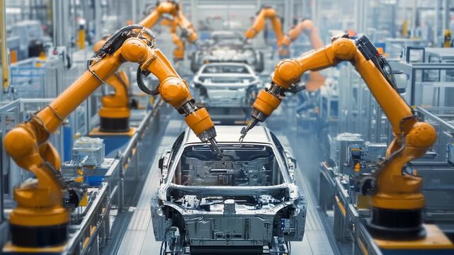 Automated robots assembling cars in a factory setting