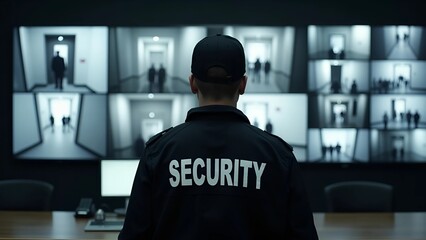 Security guard monitoring multiple CCTV camera feeds on a video wall in a surveillance control room
