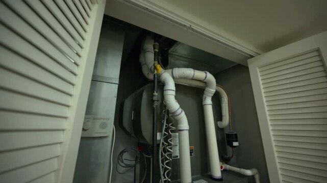 Closet with HVAC furnace system, air conditioner and heating system at home. Close up shot