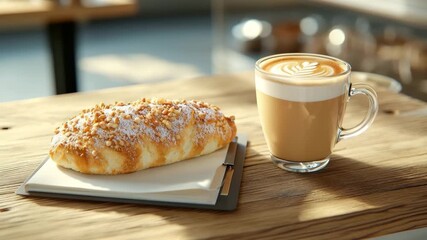 Pastry coffee latte wooden table morning breakfast with sweet bakery, fresh croissant topped with powdered sugar and nuts beside creamy latte art - Powered by Adobe