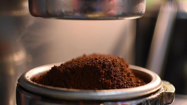 Detailed Close-Up Video of Coffee Grounds Filling a Portafilter with Freshness