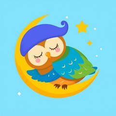 Obraz premium Cute owl sleeping on crescent moon