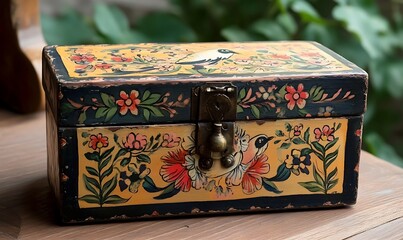 Vintage Hand-Painted Floral Wooden Box with Metal Latch on Wooden Surface