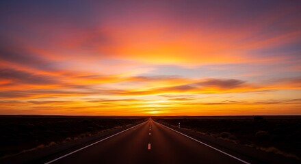 Endless Road Stretching Towards a Dramatic Sunset with Fiery Orange and Yellow Sky