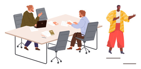 Team members engaged in discussion around a table, with books, laptop, and documents, while a presenter actively shares insights. Ideal for teamwork, leadership, communication, brainstorming