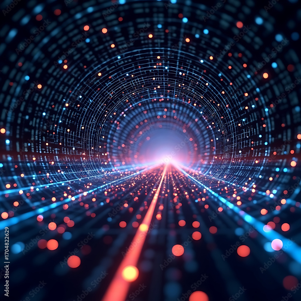 Poster dynamic digital data tunnel with glowing lights, representing modern technology and innovation.