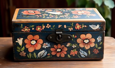 Vintage Hand-Painted Floral Wooden Box with Metal Latch on Wooden Surface