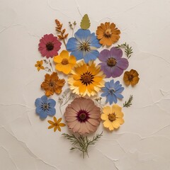 Delicate pressed flowers in a vibrant spectrum creating a timeless botanical mosaic