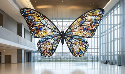 Colorful Stained Glass Butterfly Sculpture Suspended in Modern Glass Atrium