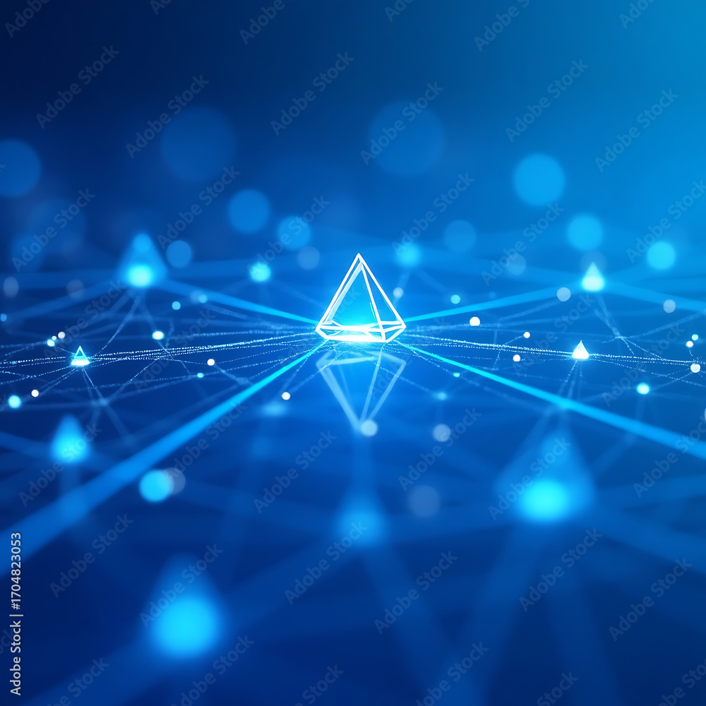 Poster dynamic abstract digital network with glowing geometric shapes and data connections, futuristic desi