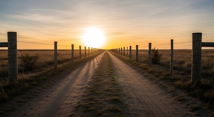 Rural Dirt Track with Fences Converging Towards a Glowing Sunset on the Horizon