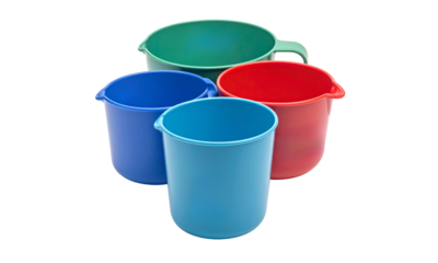Plastic food measuring cups available in red, blue, navy blue and green.