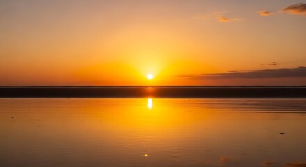 Obraz premium Vibrant Sunset Over Reflective Wet Sand on a Calm Beach with Gentle Ocean Waves