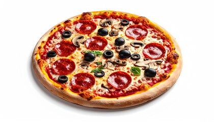 Whole Italian Pizza with Pepperoni, Olives and Mushrooms Isolated on White Background