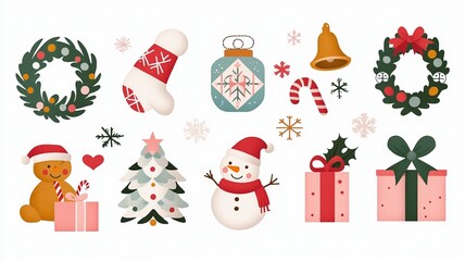 Christmas Cartoon Element Collection with Snowman Tree Wreath Gift Gingerbread Bell Candy for Holiday Decoration and Illustration
