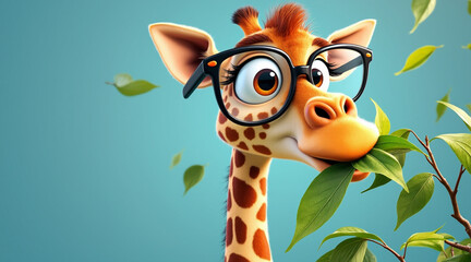 A cartoon giraffe in the jungle with a long neck, wearing glasses, eating leaf