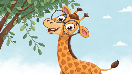 A cartoon vector illustration of a funny giraffe with a long neck wearing glasses in a wild jungle