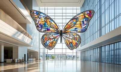 Colorful Stained Glass Butterfly Sculpture Suspended in Modern Glass Atrium