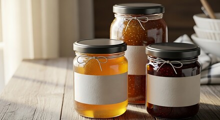 Beautifully lit close-up of three glass jars filled with artisanal jam or honey, featuring blank labels on a rustic wooden table in warm light.