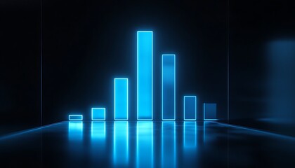 Glowing Blue Neon Bar Chart with Transparent Base on Dark Background Representing Data Analytics