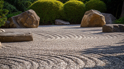 Zen Garden with Rocks and Raked Sand Patterns