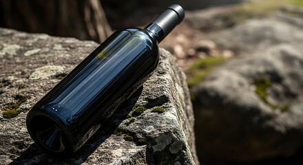 Elegant dark wine bottle artfully placed on a rugged, moss-covered rock in a serene natural outdoor setting, symbolizing fine beverages.