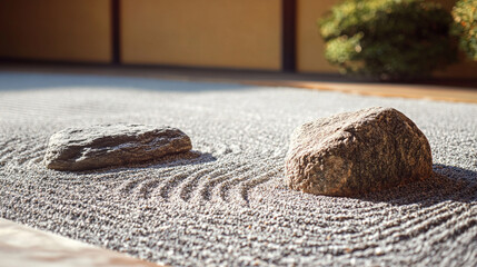 Zen Garden with Rocks and Raked Sand Patterns