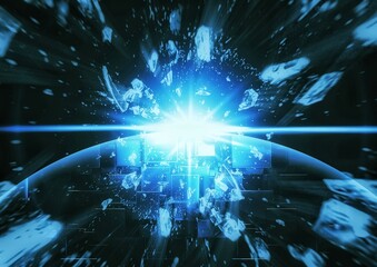 青い光の球体が爆発する3dイラスト