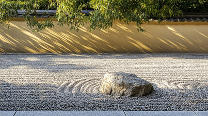 Zen Garden with Rocks and Raked Sand Patterns