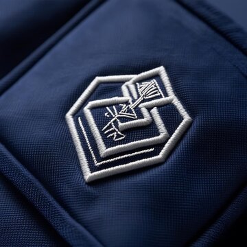 Intricate White Embroidered Emblem on Textured Deep Blue Fabric a Close Up