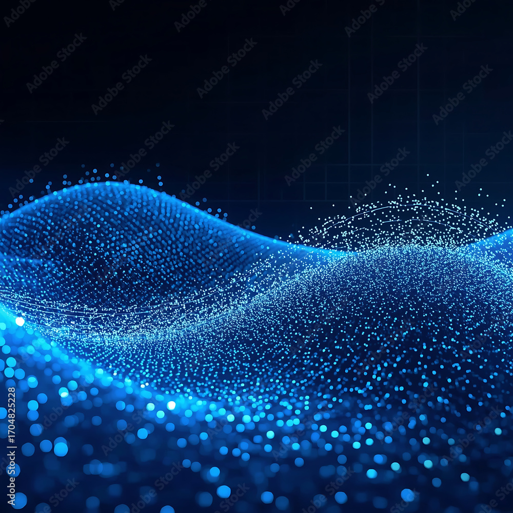 Poster dynamic digital wave of data flow with glowing particles, perfect for tech concepts