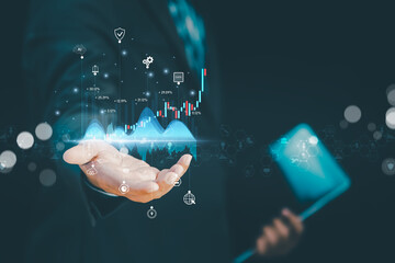 Digital Compliance Quality concept with a businessman holding glowing virtual chart in his palm, showing rising financial data, analytics icons, and investment growth for corporate success.