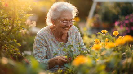 Smiling Elderly Woman Gardening in Sunny Backyard