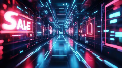 A futuristic corridor with neon sale signs and digital icons in a vibrant and glowing environment