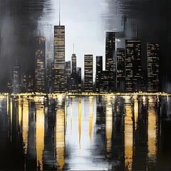 Dramatic Night Cityscape with Illuminated Skyscrapers Reflected in Water under Stormy Sky