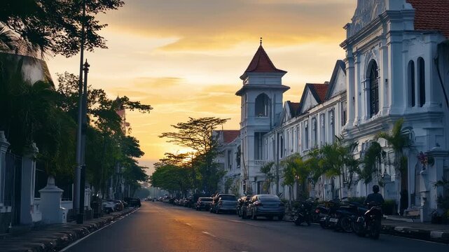 Golden sunset bathes historic streets of Semarang, Indonesia with warm light, showcasing
