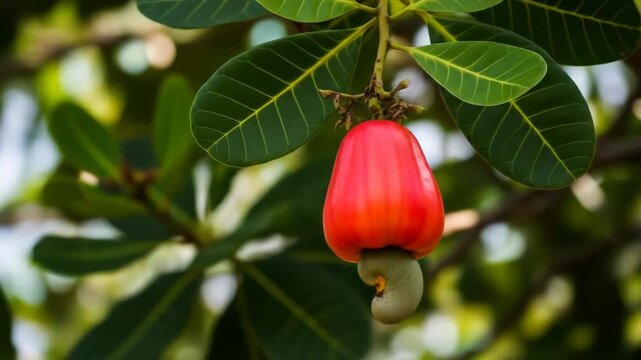 Cashew fruit and nut hanging on tree branch with green leaves backdrop