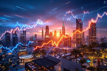Futuristic financial graph concept over modern city skyline at sunset with glowing skyscrapers and palm trees illustrating business growth trend. Ai generative