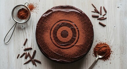 Artisanal chocolate cake with cocoa design on a rustic wooden surface