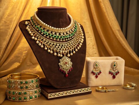 Indian Bridal Jewelry Set with Gold Emerald and Pearls - Powered by Adobe