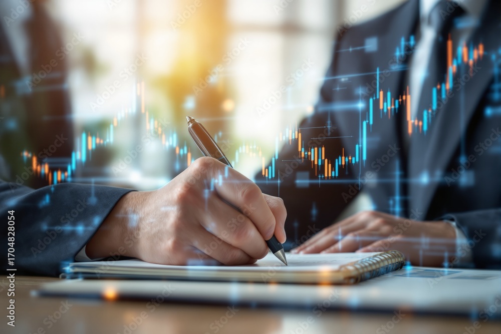 Poster businessman analyzing financial graph data while taking notes in a notebook, concept of investment s