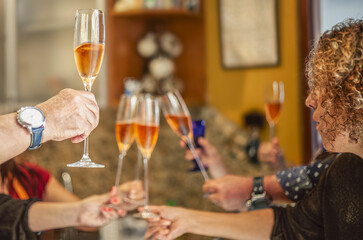 Friends or family toasting with sparkling wine at home party