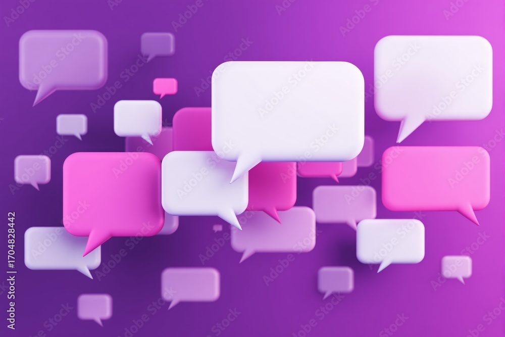 Poster colorful speech bubbles floating in 3d space on vibrant purple background conveying digital communic